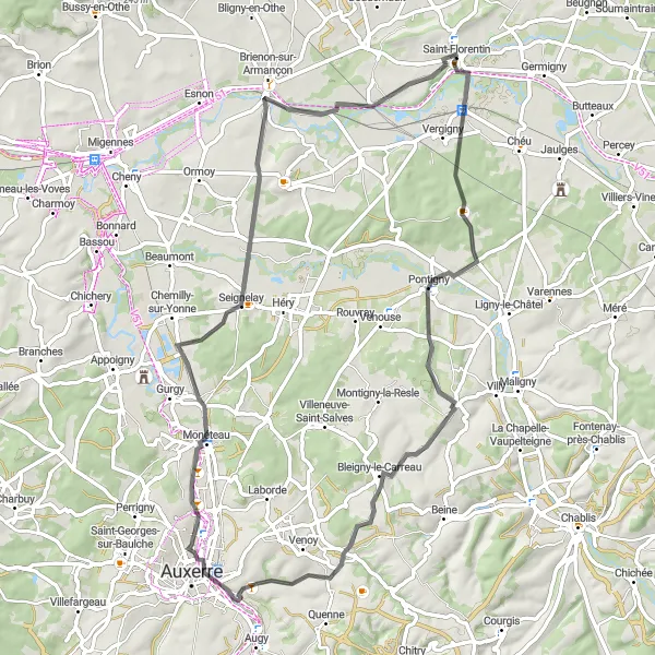 Miniature de la carte de l'inspiration cycliste "L'Exploration des Abbayes et Châteaux" dans la Bourgogne, France. Générée par le planificateur d'itinéraire cycliste Tarmacs.app