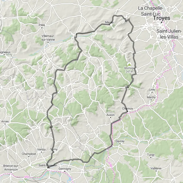 Miniature de la carte de l'inspiration cycliste "Itinéraire de 109 km vers Courtaoult" dans la Bourgogne, France. Générée par le planificateur d'itinéraire cycliste Tarmacs.app
