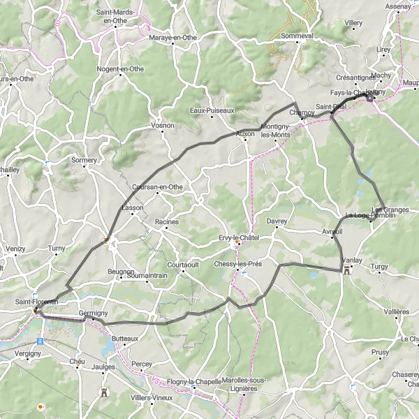 Miniature de la carte de l'inspiration cycliste "La Boucle des Collines et Vallées" dans la Bourgogne, France. Générée par le planificateur d'itinéraire cycliste Tarmacs.app