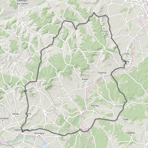 Miniature de la carte de l'inspiration cycliste "Boucle de 101 km vers Turny" dans la Bourgogne, France. Générée par le planificateur d'itinéraire cycliste Tarmacs.app