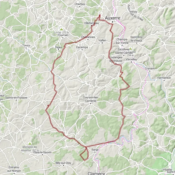 Miniature de la carte de l'inspiration cycliste "Le Circuit des Collines de l'Yonne" dans la Bourgogne, France. Générée par le planificateur d'itinéraire cycliste Tarmacs.app