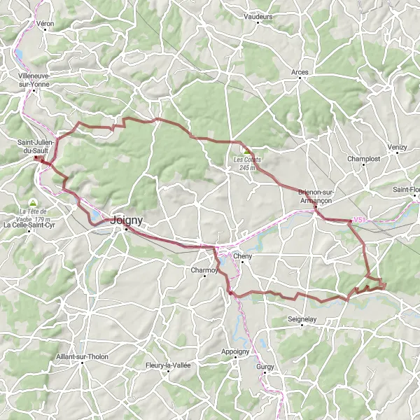 Miniature de la carte de l'inspiration cycliste "Boucle des Vallons de l'Yonne" dans la Bourgogne, France. Générée par le planificateur d'itinéraire cycliste Tarmacs.app