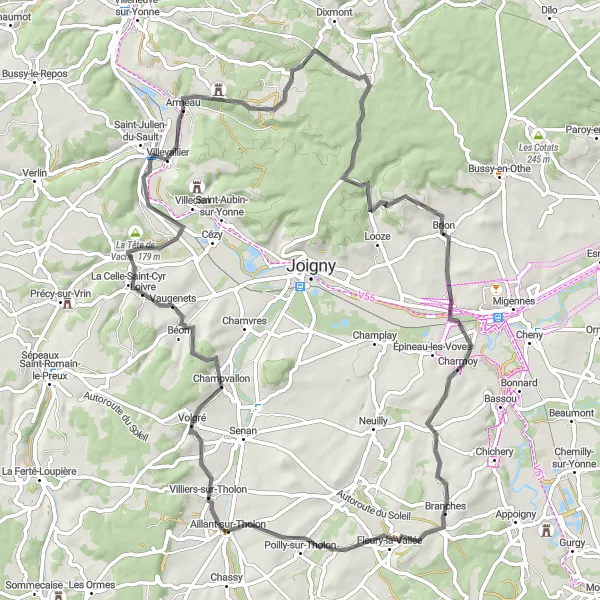 Miniature de la carte de l'inspiration cycliste "Parcours Champêtre vers Villevallier" dans la Bourgogne, France. Générée par le planificateur d'itinéraire cycliste Tarmacs.app