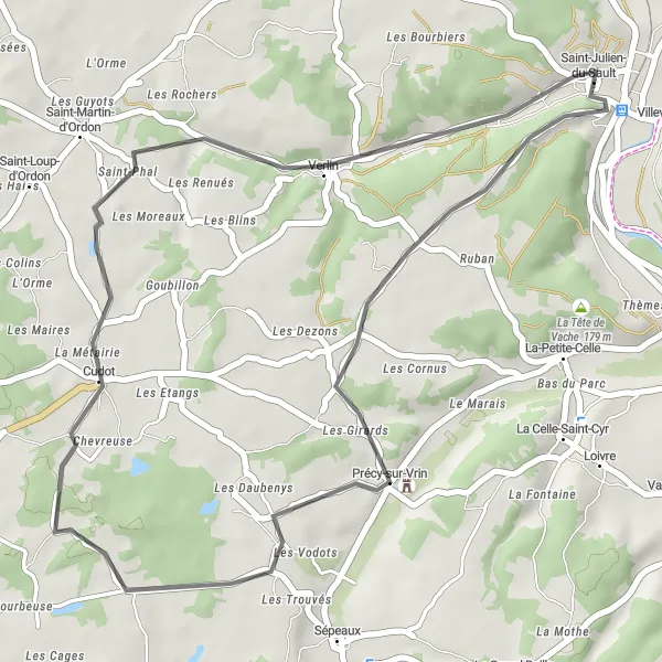 Miniature de la carte de l'inspiration cycliste "Boucle Champêtre de Précy-sur-Vrin" dans la Bourgogne, France. Générée par le planificateur d'itinéraire cycliste Tarmacs.app