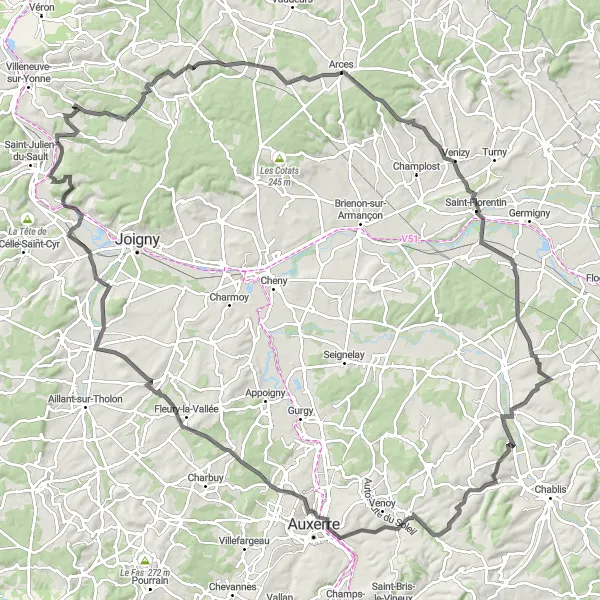 Miniature de la carte de l'inspiration cycliste "La Route des Châteaux" dans la Bourgogne, France. Générée par le planificateur d'itinéraire cycliste Tarmacs.app