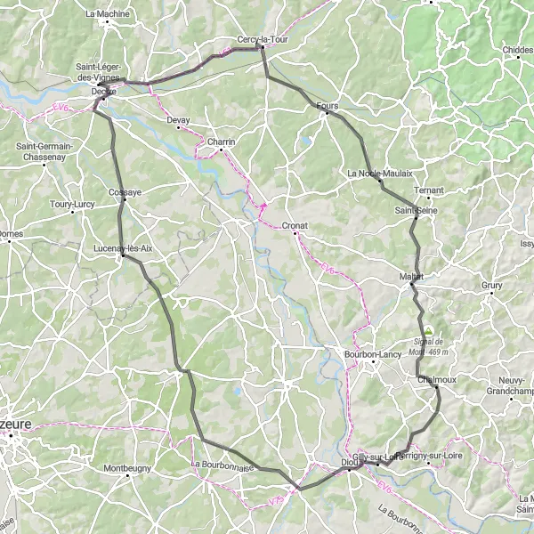 Miniature de la carte de l'inspiration cycliste "Boucle des Montagnes et Châteaux" dans la Bourgogne, France. Générée par le planificateur d'itinéraire cycliste Tarmacs.app