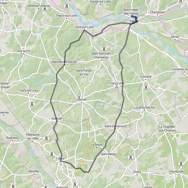 Miniature de la carte de l'inspiration cycliste "La route des remparts et des bois" dans la Bourgogne, France. Générée par le planificateur d'itinéraire cycliste Tarmacs.app