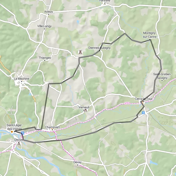 Miniature de la carte de l'inspiration cycliste "Parcours des villages côtiers" dans la Bourgogne, France. Générée par le planificateur d'itinéraire cycliste Tarmacs.app