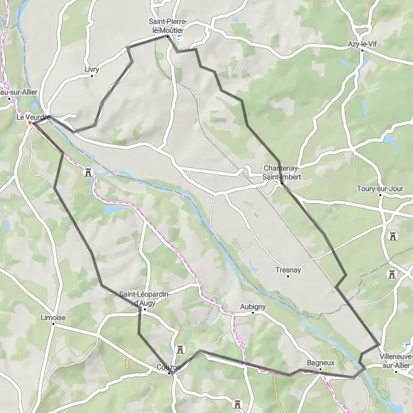 Miniature de la carte de l'inspiration cycliste "Boucle vers Chantenay-Saint-Imbert via Le Veurdre" dans la Bourgogne, France. Générée par le planificateur d'itinéraire cycliste Tarmacs.app