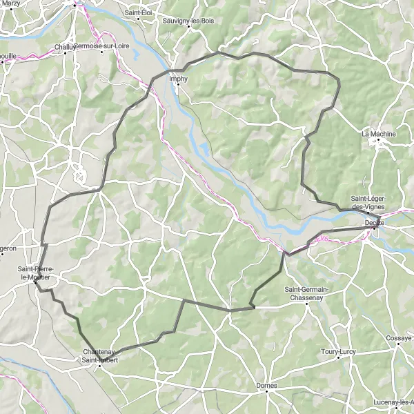 Map miniature of "The Loire Valley Countryside Circuit" cycling inspiration in Bourgogne, France. Generated by Tarmacs.app cycling route planner