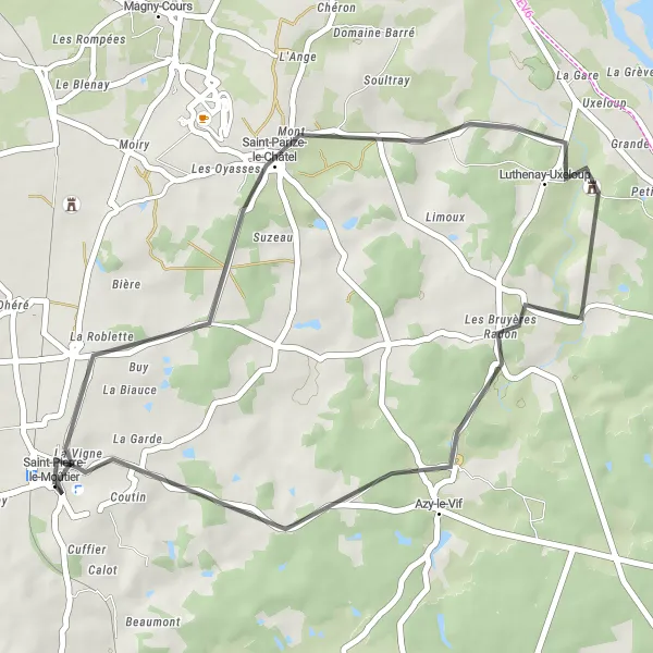 Map miniature of "Charming Roads of Saint-Pierre-le-Moûtier" cycling inspiration in Bourgogne, France. Generated by Tarmacs.app cycling route planner