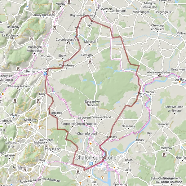 Miniature de la carte de l'inspiration cycliste "La Boucle des Vignobles" dans la Bourgogne, France. Générée par le planificateur d'itinéraire cycliste Tarmacs.app