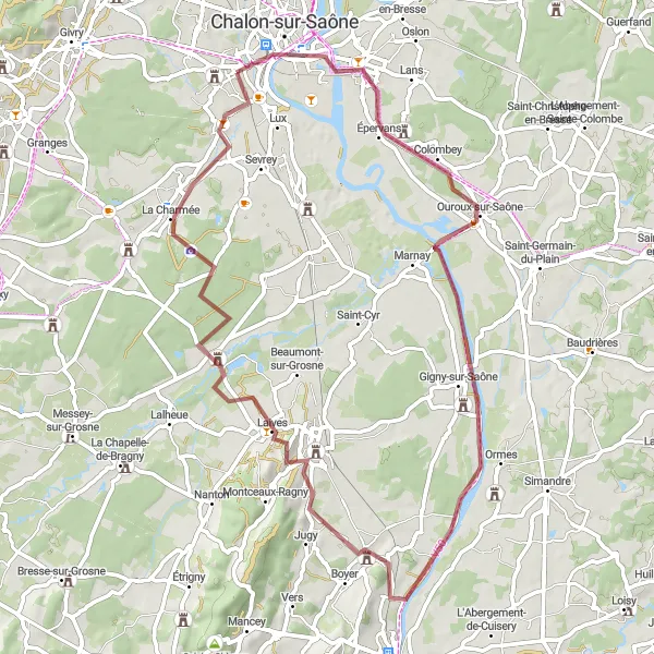 Map miniature of "Châteaux and Vineyards Gravel Route" cycling inspiration in Bourgogne, France. Generated by Tarmacs.app cycling route planner