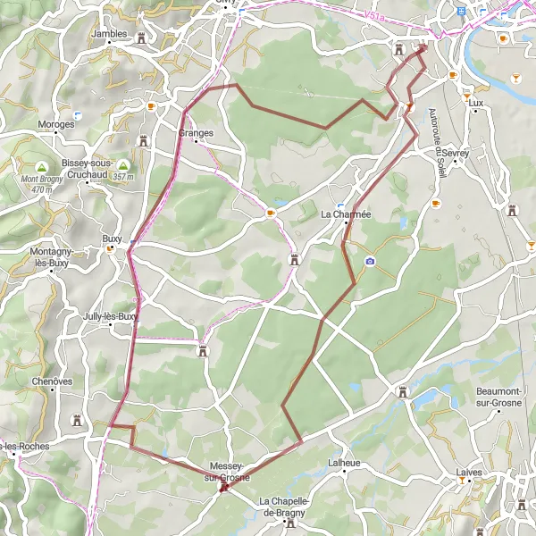 Map miniature of "The Grosne Valley Gravel Ride" cycling inspiration in Bourgogne, France. Generated by Tarmacs.app cycling route planner