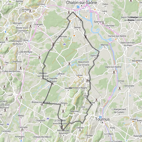 Map miniature of "The Grand Brancion Tour" cycling inspiration in Bourgogne, France. Generated by Tarmacs.app cycling route planner