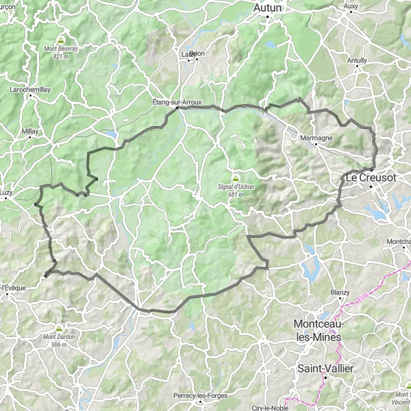 Map miniature of "The Thrill of Hill Climbing" cycling inspiration in Bourgogne, France. Generated by Tarmacs.app cycling route planner