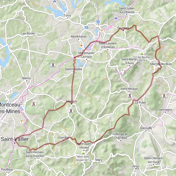 Miniature de la carte de l'inspiration cycliste "Parcours à vélo autour de Saint-Vallier" dans la Bourgogne, France. Générée par le planificateur d'itinéraire cycliste Tarmacs.app