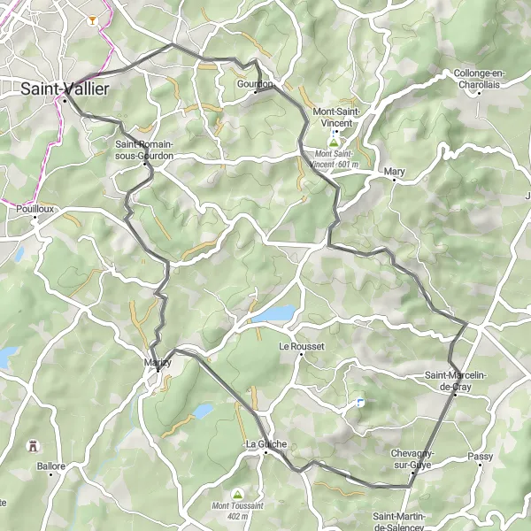 Map miniature of "Gourdon Discovery" cycling inspiration in Bourgogne, France. Generated by Tarmacs.app cycling route planner