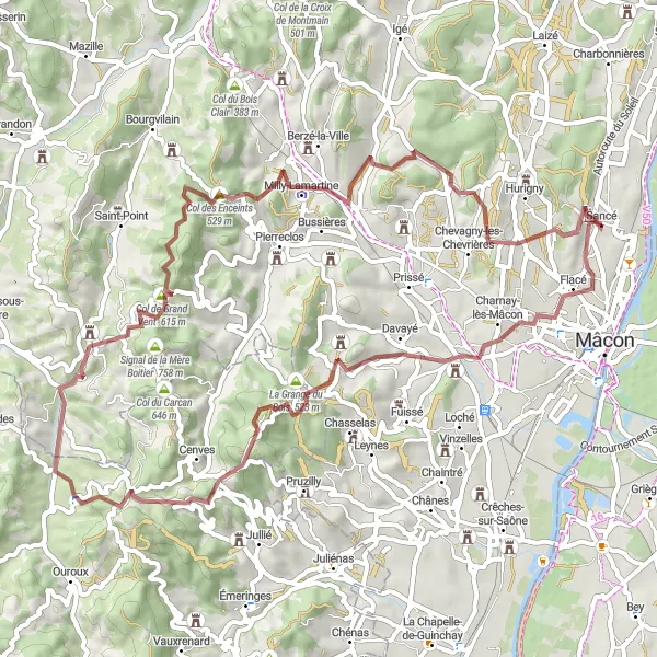 Map miniature of "Solutré-Pouilly Gravel Adventure" cycling inspiration in Bourgogne, France. Generated by Tarmacs.app cycling route planner
