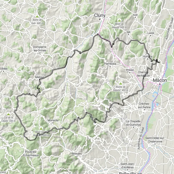 Map miniature of "Scenic Road Loop near Sancé" cycling inspiration in Bourgogne, France. Generated by Tarmacs.app cycling route planner