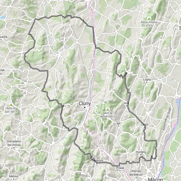 Map miniature of "Bourgogne Road Cycling Adventure" cycling inspiration in Bourgogne, France. Generated by Tarmacs.app cycling route planner