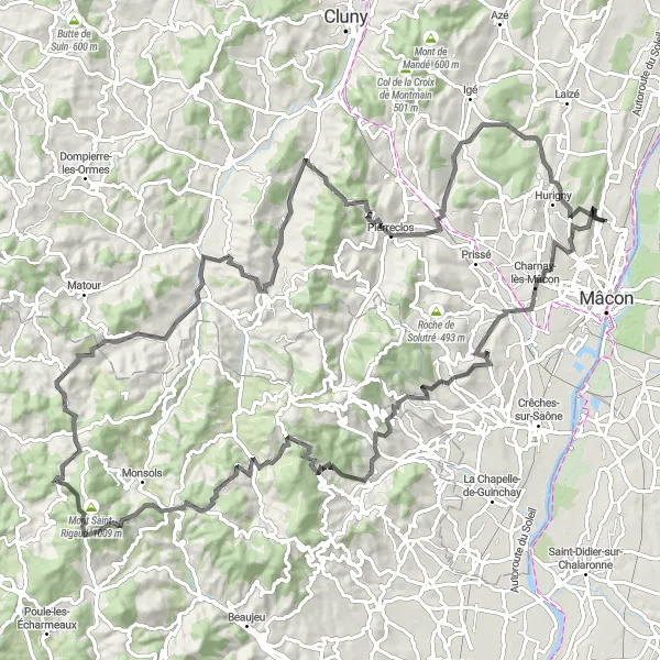 Map miniature of "Challenging Road Loop near Sancé" cycling inspiration in Bourgogne, France. Generated by Tarmacs.app cycling route planner