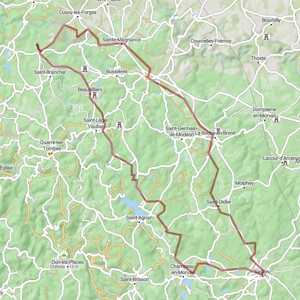 Miniature de la carte de l'inspiration cycliste "Tour de la Bourgogne Rurale" dans la Bourgogne, France. Générée par le planificateur d'itinéraire cycliste Tarmacs.app