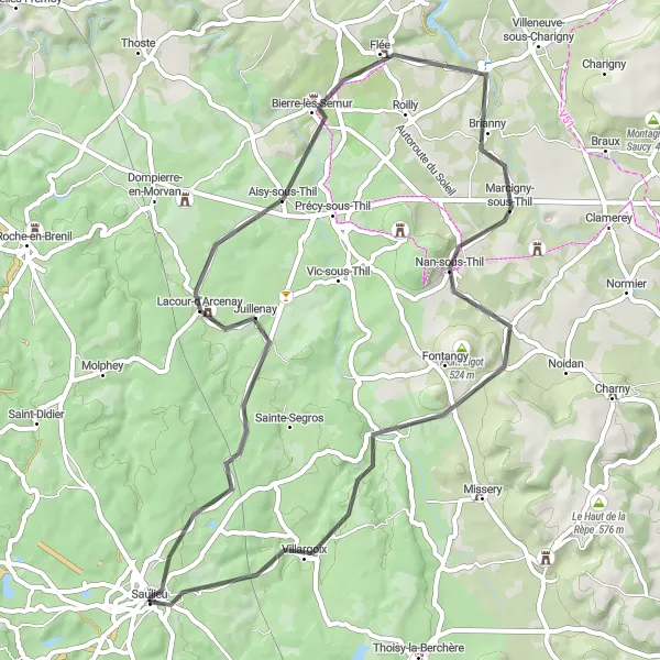 Miniature de la carte de l'inspiration cycliste "Les Collines Bourguignonnes" dans la Bourgogne, France. Générée par le planificateur d'itinéraire cycliste Tarmacs.app