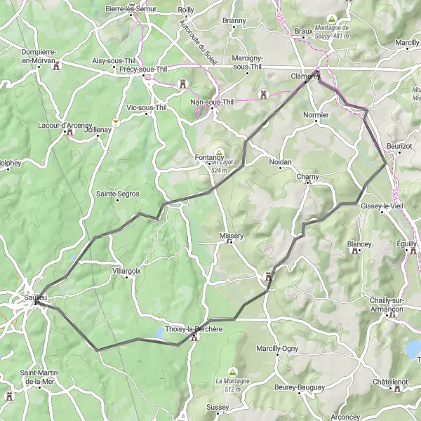 Map miniature of "Rolling Hills and Countryside Charm" cycling inspiration in Bourgogne, France. Generated by Tarmacs.app cycling route planner