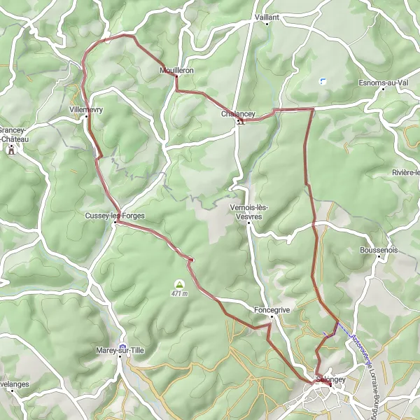 Map miniature of "Gravel Adventure through Selongey" cycling inspiration in Bourgogne, France. Generated by Tarmacs.app cycling route planner