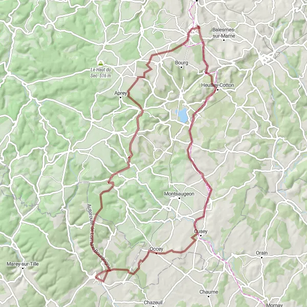 Map miniature of "Scenic Gravel Tour near Selongey" cycling inspiration in Bourgogne, France. Generated by Tarmacs.app cycling route planner