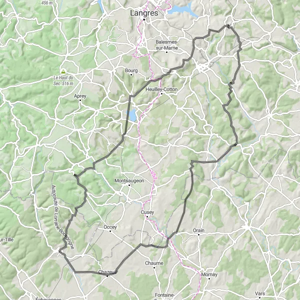 Map miniature of "Road Cycling Adventure around Selongey" cycling inspiration in Bourgogne, France. Generated by Tarmacs.app cycling route planner