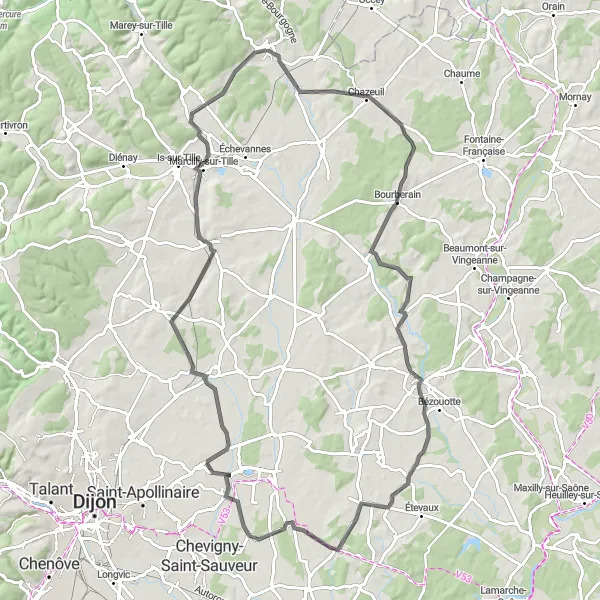 Map miniature of "Countryside Beauty Cycling Route" cycling inspiration in Bourgogne, France. Generated by Tarmacs.app cycling route planner