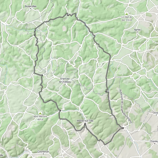 Miniature de la carte de l'inspiration cycliste "Itinéraire panoramique en road bike" dans la Bourgogne, France. Générée par le planificateur d'itinéraire cycliste Tarmacs.app