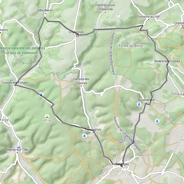 Miniature de la carte de l'inspiration cycliste "Boucle autour de Selongey" dans la Bourgogne, France. Générée par le planificateur d'itinéraire cycliste Tarmacs.app