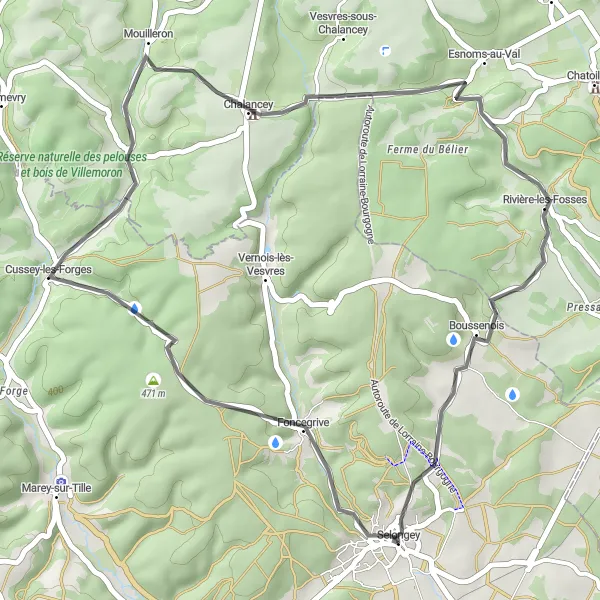 Map miniature of "A scenic round-trip through Selongey and its surroundings" cycling inspiration in Bourgogne, France. Generated by Tarmacs.app cycling route planner