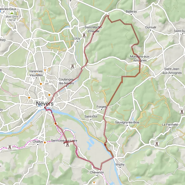 Miniature de la carte de l'inspiration cycliste "Les Collines de Bourgogne en gravel" dans la Bourgogne, France. Générée par le planificateur d'itinéraire cycliste Tarmacs.app