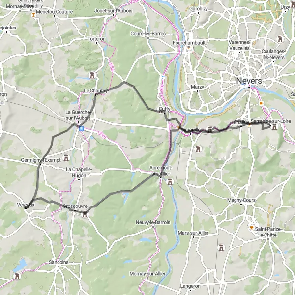 Miniature de la carte de l'inspiration cycliste "La Route des Châteaux" dans la Bourgogne, France. Générée par le planificateur d'itinéraire cycliste Tarmacs.app