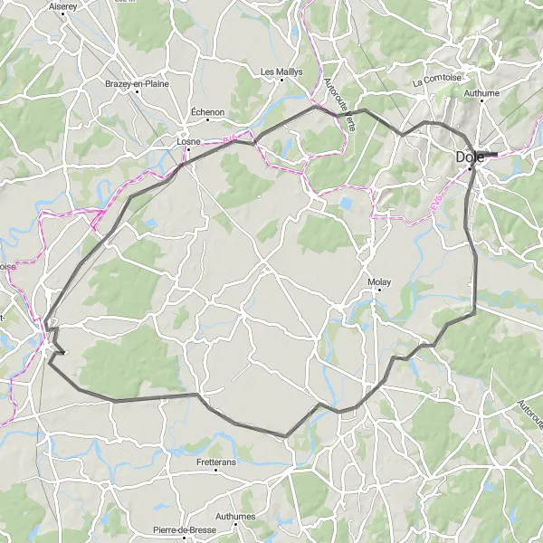 Map miniature of "The Saône River Loop" cycling inspiration in Bourgogne, France. Generated by Tarmacs.app cycling route planner