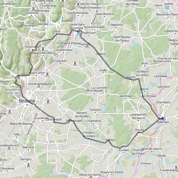 Map miniature of "Wine Country Adventure" cycling inspiration in Bourgogne, France. Generated by Tarmacs.app cycling route planner