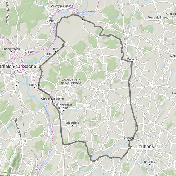 Map miniature of "Saône Valley Ride" cycling inspiration in Bourgogne, France. Generated by Tarmacs.app cycling route planner