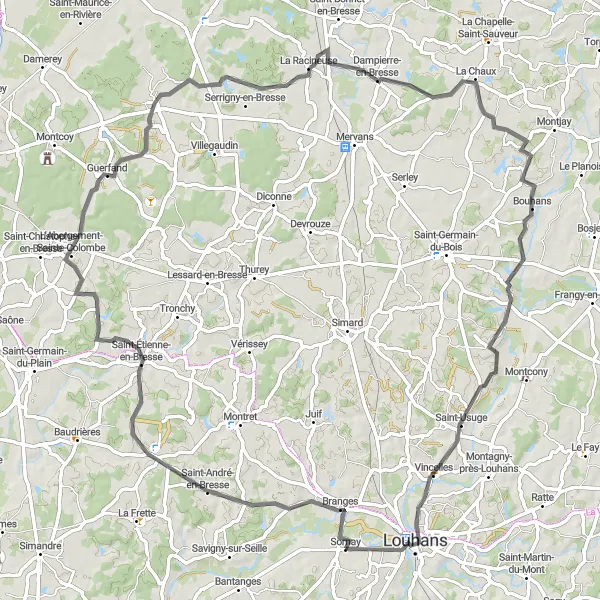Miniature de la carte de l'inspiration cycliste "Parcours pittoresque de Sornay à Vincelles" dans la Bourgogne, France. Générée par le planificateur d'itinéraire cycliste Tarmacs.app