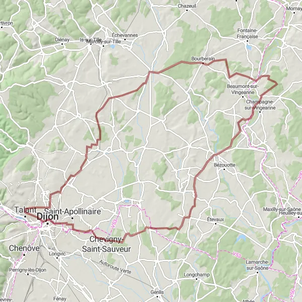 Miniature de la carte de l'inspiration cycliste "Aventure VTT à travers Pichanges et Mirebeau-sur-Bèze" dans la Bourgogne, France. Générée par le planificateur d'itinéraire cycliste Tarmacs.app