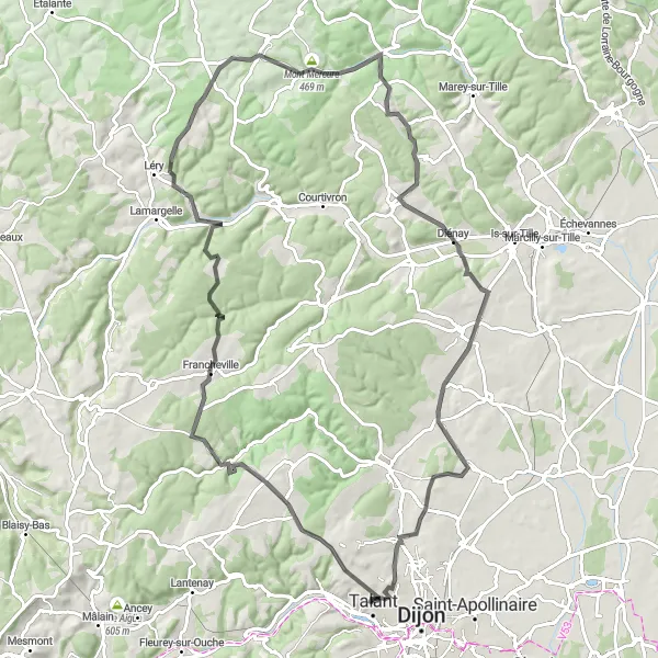 Map miniature of "Climb and Cycle through Talant" cycling inspiration in Bourgogne, France. Generated by Tarmacs.app cycling route planner