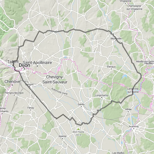 Map miniature of "Road Cycling Tour near Talant" cycling inspiration in Bourgogne, France. Generated by Tarmacs.app cycling route planner