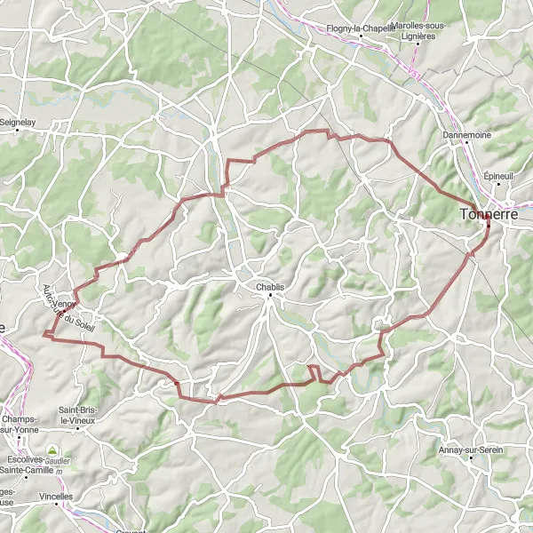 Map miniature of "Gravel Loop from Tonnerre" cycling inspiration in Bourgogne, France. Generated by Tarmacs.app cycling route planner