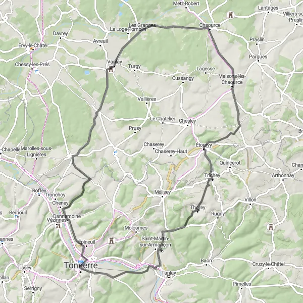 Map miniature of "Tonnerre Loop via Dannemoine, Vanlay, Maisons-lès-Chaource, and Thorey" cycling inspiration in Bourgogne, France. Generated by Tarmacs.app cycling route planner