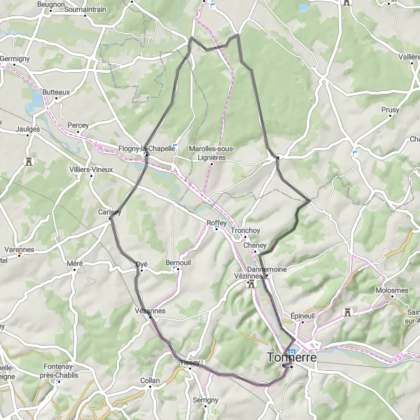 Map miniature of "Tonnerre Countryside Ride via Vézannes, Carisey, Dannemoine, and Tonnerre" cycling inspiration in Bourgogne, France. Generated by Tarmacs.app cycling route planner