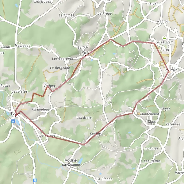 Map miniature of "Gravel Adventure: Toucy to Pourrain" cycling inspiration in Bourgogne, France. Generated by Tarmacs.app cycling route planner