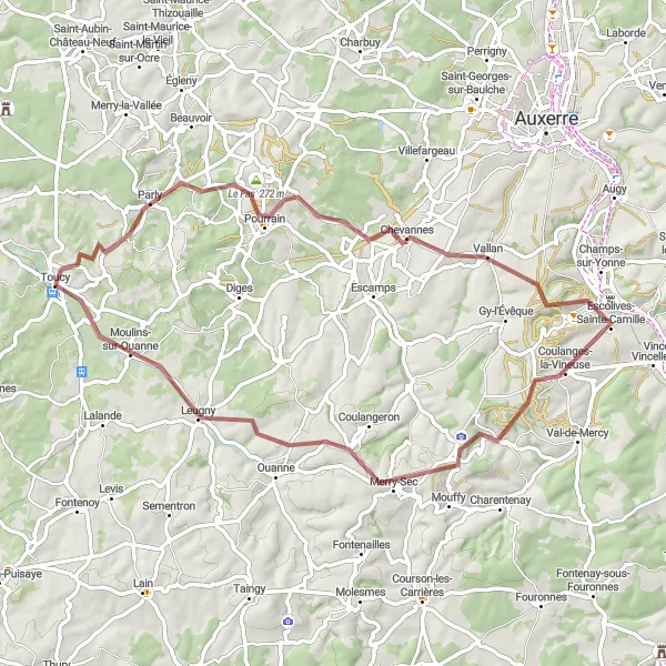 Map miniature of "Gravel Trail Experience: Toucy to Moulins-sur-Ouanne" cycling inspiration in Bourgogne, France. Generated by Tarmacs.app cycling route planner